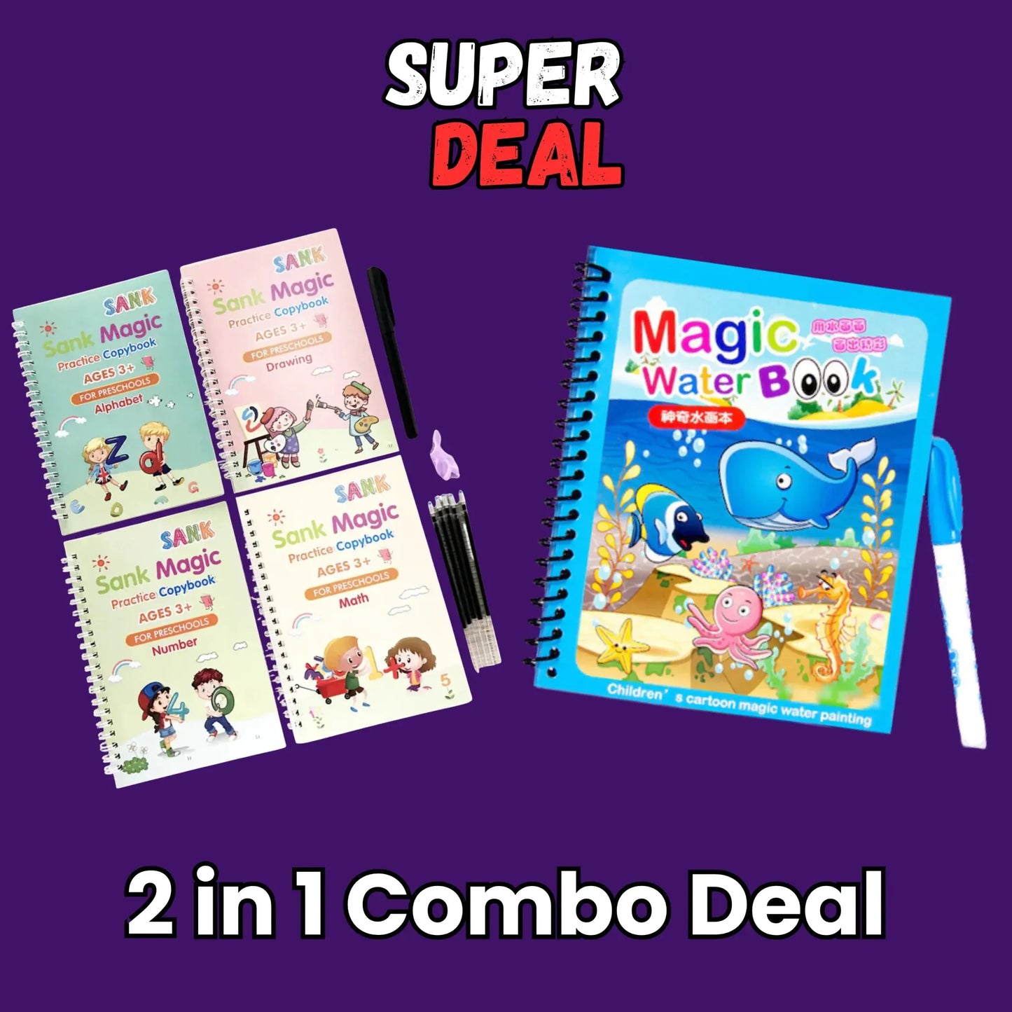 Two In One Kids Learning Deal (Sank Magic Book + Water Magic Book)